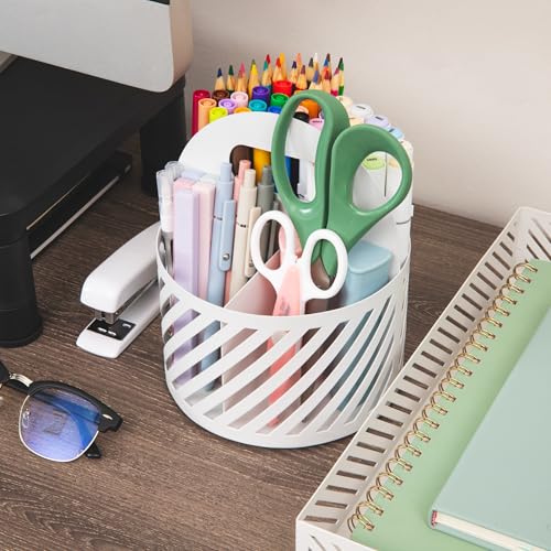 Mind Reader Round Metal Desktop Carousel Organizer with Handle, Four Compartments, Office Supplies and Accessories, Metal, White - color: White Carousel Organizer
