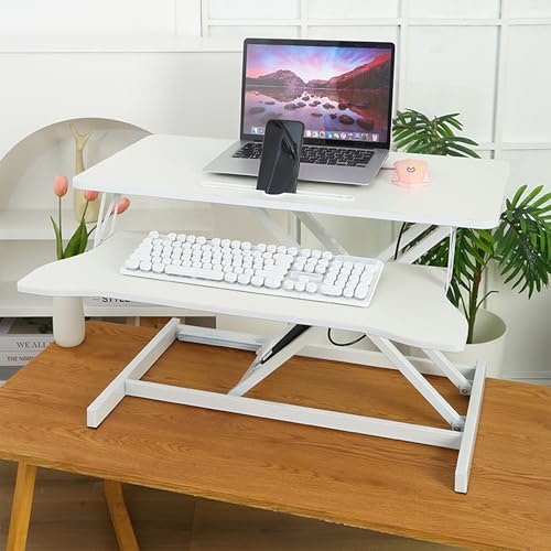 32 Inch Adjustable Standing Desk Standing Desk Converter, Stand Up Desk Riser Dual Monitor Sit Stand Desk with Wide Keyboard Tray for Table Home Office (White)