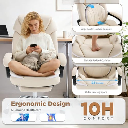 Comfortable Reclining Office Desk Chair with Foot Leg Rest, Beige | Big Tall Computer Gaming Chair, Adjustable Lumbar Back Support, Wide Seat, Heavy Duty, Wheels, Faux Leather - color: Cream Beige