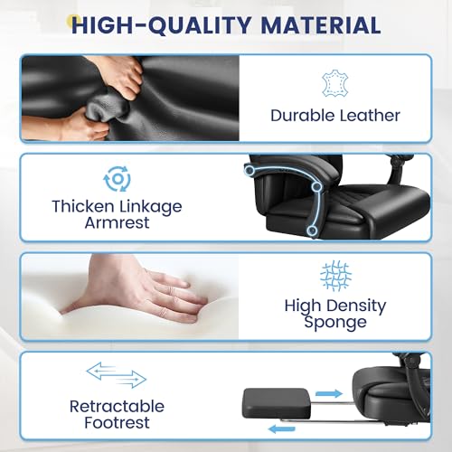 Shahoo Big and Tall Office Chair Height Adjustable Faux Leather Chair with Footrest and Lumbar Support, Ergonomic High Back Computer Chair with 360° Swivel Wheels Task Chairs for Office Home, Black