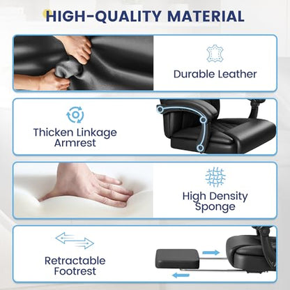 Shahoo Big and Tall Office Chair Height Adjustable Faux Leather Chair with Footrest and Lumbar Support, Ergonomic High Back Computer Chair with 360° Swivel Wheels Task Chairs for Office Home, Black