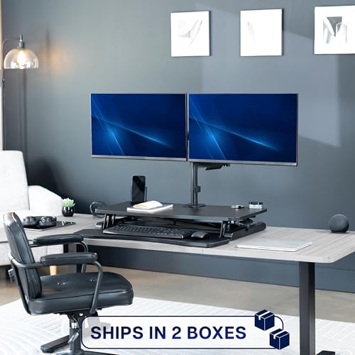 VIVO Black 32 inch Desk Riser with Monitor Mount, DESK-KIT-0K2K | Standing Desk Converter with Dual Monitor Mount for up to 32 inch Screens, Height Adjustable Riser, Mechanical Spring Arms - size: 32"