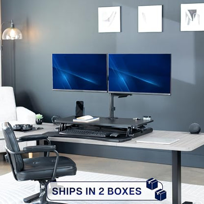VIVO Black 32 inch Desk Riser with Monitor Mount, DESK-KIT-0K2K | Standing Desk Converter with Dual Monitor Mount for up to 32 inch Screens, Height Adjustable Riser, Mechanical Spring Arms - size: 32"