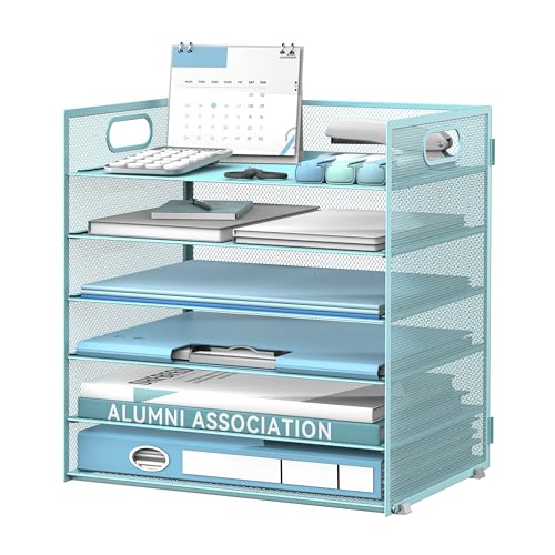 Daltack 6-Tier Paper Organizer for Desk with Handle, Blue | Sturdy Metal Mesh Organizer with Movable Middle Trays and a Carry Handle for Papers, Folders and Office Supplies - color: Blue