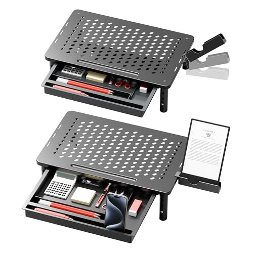Computer Monitor Stand Riser with Storage, 3 Height Adjustable Laptop Desktop Monitor Stand with Drawer, Metal Short Printer Table, Stand Riser for Desk, Office Desk Organizers and Accessories, 2 Pack - color: Black, size: with Deawer-2 Pack