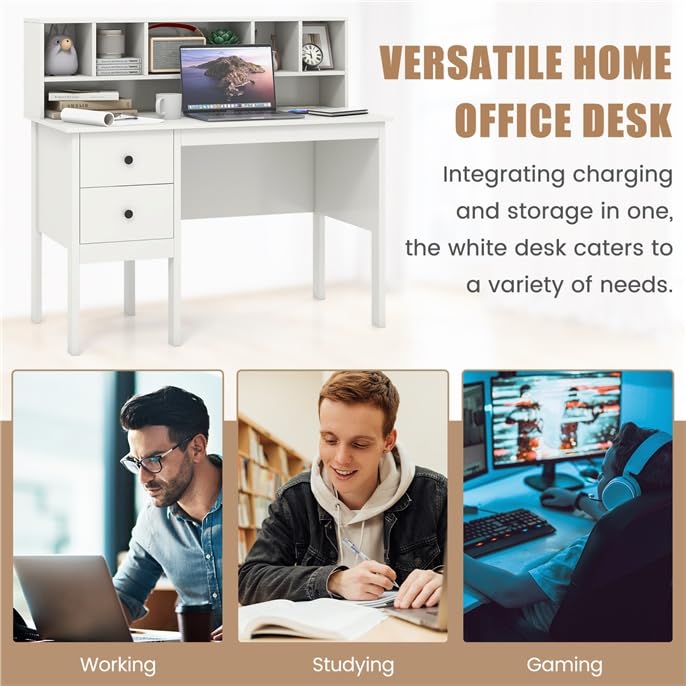 LDAILY Modern Home Office Desk with Hutch, Office Desk with USB Charging Ports and Power Outlets, Computer Desk with 5 Storage Cubbies and 2 Drawers, Writing Study Desk for Bedroom (White) - color: White