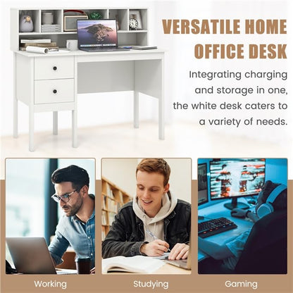 LDAILY Modern Home Office Desk with Hutch, Office Desk with USB Charging Ports and Power Outlets, Computer Desk with 5 Storage Cubbies and 2 Drawers, Writing Study Desk for Bedroom (White) - color: White