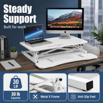 32" Height Adjustable Sit Stand Desk Converter, Dual Monitor Laptop Riser, Black (Desk Converter (White)) - color: Desk Converter (White)