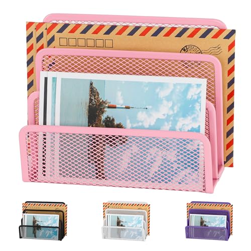 Desk Mail Organizer, Office Small Desktop Metal Mesh Envelope Letter Sorter Paper File Holder Organizer with 3 Vertical Upright Compartments, Pink 1 Pack - color: Pink, size: 1 Pack
