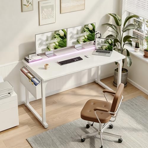 DurayLoly 48" Gaming Desk with Waterproof LED Lights for Bedroom,White - color: White, size: 48 IN