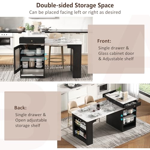 59.5 Inch Kitchen Island with Extendable Dining Table, Black | Black finish, MDF and particle board, kitchen or dining room, extendable table, 2 drawers, glass door, outlet, 59.5 in L - color: Black + Faux Marble Table + Particle Board+mdf