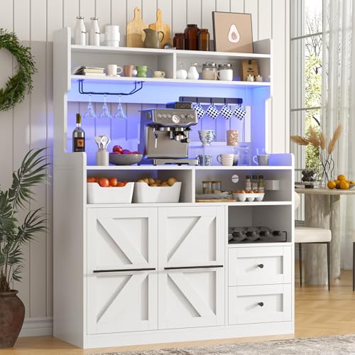 VVFLU Hutch Storage Buffet Cabinet with Drawers, and Charging Station, Coffee Bar Cabinet with Barn Doors, Wine Rack and Hooks, White Wood Sideboard Buffet for Kitchen, Dining Room, 54.5" High - color: White/Wood, size: 15.7"D x 41.3"W x 54.5"H