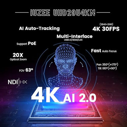 4K NDI PTZ Camera AI-Auto Tracking, 20X Optical Zoom, USB3.0/HDMI/LAN PoE, IP Live Streaming, Conference Room Camera for Church Services Education Conference Events, Work with YouTube OBS - color: inky black