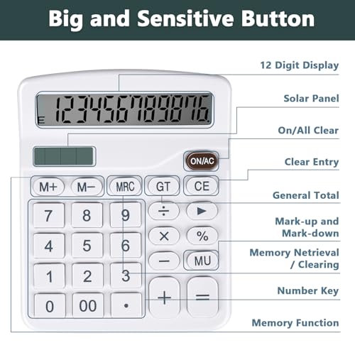 Cute White Desktop Calculator with Big Buttons, Dual Power Source | Solar and Battery, Large Display Screen - Perfect for Office, Teachers, and Students (White) - color: White