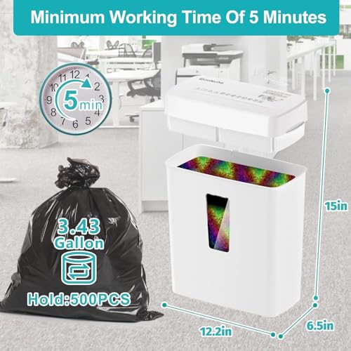 White Paper Shredder for Home Office 6-Sheet Micro Cut P-5 Security Level Metal Shredder Machine with Jam Proof System and 3.43 Gallon Bin Compact Paper Crinkle Machine