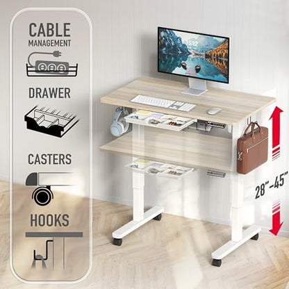 SHW Mobile Electric Height Adjustable Standing Desk w/Drawer, Maple | 40" Wide Top | w/ Memory Presets and Cable Management | Drawer with adjustable compartments | Hanging Hooks - color: Maple