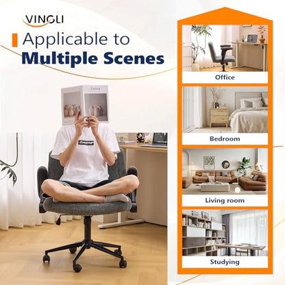 VINGLI Criss Cross Chair with Adjustable Flip-Up Arms,Cross Legged Chair with Wheels, Extra Wide Office Chair,Cozy Desk Chair for Home Office, Vanity, Apartment,Chenille Velvet,Grey - color: Grey