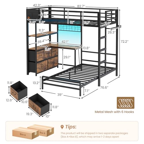 DICTAC Bunk Bed with L-Shaped Desk,5 Storage Drawers and 2 Shelves Metal Twin XL Over Twin Bunk Bed with LED Lights and Charging Station,bunk Beds with Safety Guardrail & Ladder,Space-Saving,Black - color: Black, size: Twin XL Over Twin