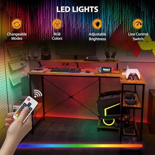 HOMCOM 58" L Shaped Gaming Desk with Power Outlets Reversible Rustic Brown | LED Lights, Computer Desk with Monitor Stand, Fabric Storage Bag, Cable Management, for Home Office