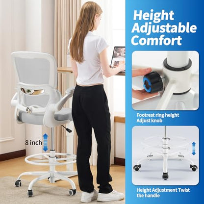 TRALT Drafting Chair - Tall Office Chair with Lumbar Support for High Desk - color: Grey