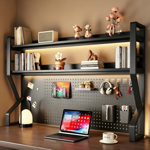 Desk Shelf, 2-tier Desktop Organizer Desk Hutch Storage Rack with Hole Plate Multi-Functional Workstation Organizer Bookcase Computer Desk for Home Office Dorm Top of Desk ( 37.4" Lx9.9" Wx39" H) - color: Black, size: 37.4" Lx9.9" Wx39" H
