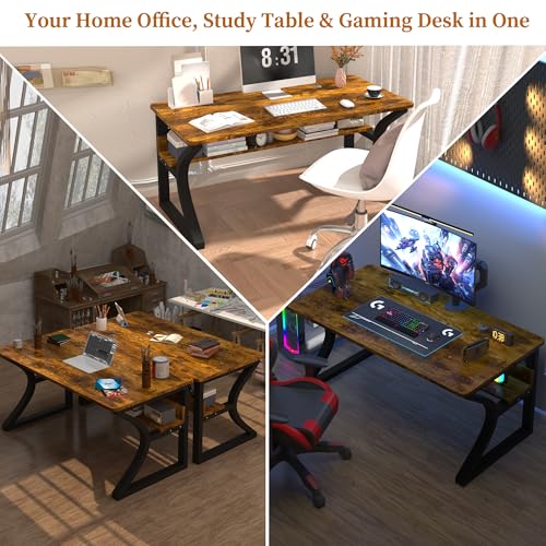 47'' Computer Desk Home Office Desk, Modern Computer Desk w/U Shaped Metal Frame, Storage Shelves, PC Table Study Writing Desk Workstation for Home Office (55inch/Brown) - size: 55inch/Brown