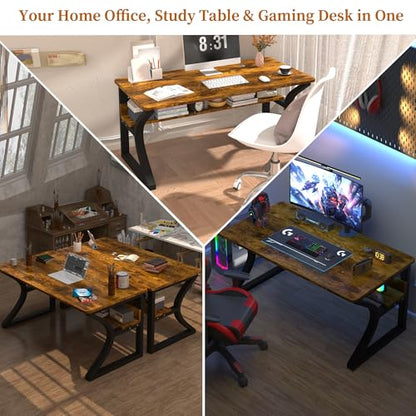47'' Computer Desk Home Office Desk, Modern Computer Desk w/U Shaped Metal Frame, Storage Shelves, PC Table Study Writing Desk Workstation for Home Office (55inch/Brown) - size: 55inch/Brown