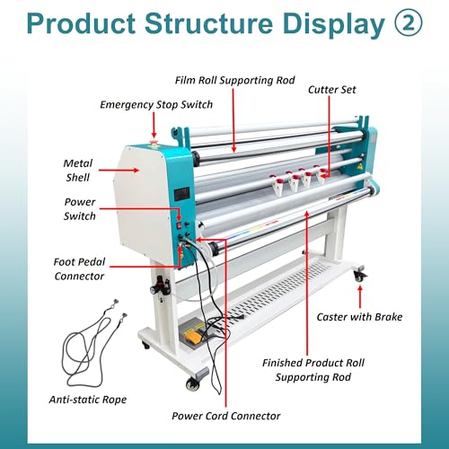 64" Full Automatic Pneumatic Laminating Machine, 110V Single Sided Laminator, 1.38" Max Thickness, Hot & Cold Roll Laminator with Foot Pedal & 4 Cutters, for Advertising, Printing, Packaging