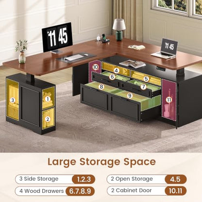 SEDETA Farmhouse L Shaped Executive Electric Standing Desk with 4 Drawers | 69" x 55" Height Adjustable Office Desk with Storage Shelves, Power Outlet, Sit Stand Computer Desk, Black and Brown - color: Black and Brown