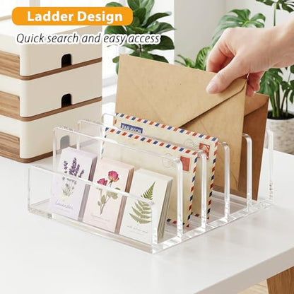 Clear Acrylic Mail Holder, 5-Compartment Vertical Letter Organizer for Desk, Space-Saving Desktop Files, Bills& Notebooks Holder for Home, Office & School - size: 5 Compartment