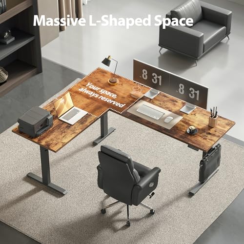 Agilestic 73 x 61 Inch L Shaped Electric Standing Desk, Rustic Brown - color: Rustic Brown, size: 73x61 Inch