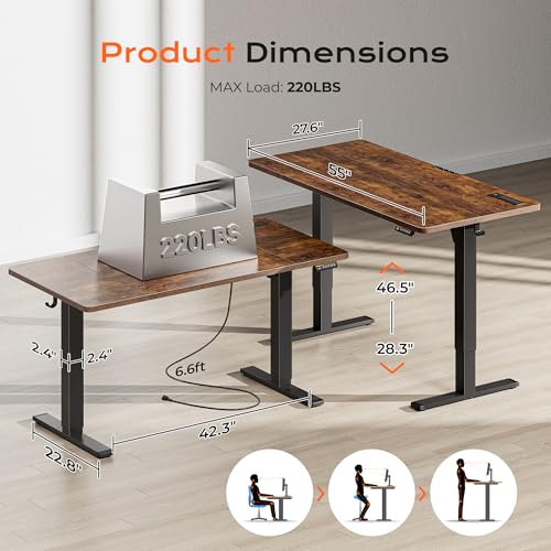 Huuger 55 x 28 Large Electric Standing Desk with 4 AC Outlets, Type-C Port, Height Adjustable Computer Desk, 27.6" Deep Desktop, Stand up Gaming Office Desk, 3 Preset Heights, Rustic Brown - color: Rustic Brown, size: 55*28 inch (with outlets)