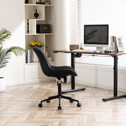 YOUNIKE Faux Leather Office Desk Chair Comfy Vanity Chair Armless Black | Ergonomic Upholstered Rocking Back, Swivel with Wheels, Height Adjustable, Modern Task Chair For Computer Sewing Drafting - color: Black
