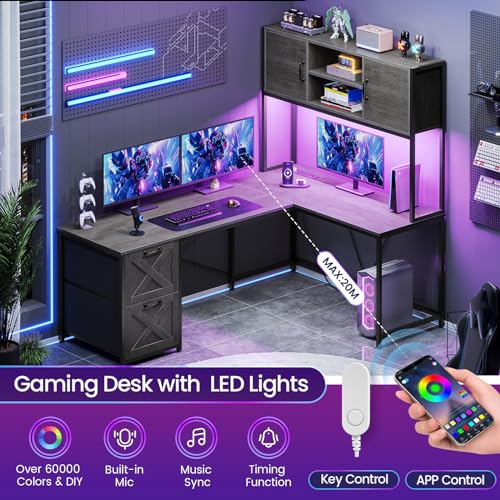 SEDETA Reversible L Shaped Gaming Desk with Drawers, LED Lights, - color: Grey