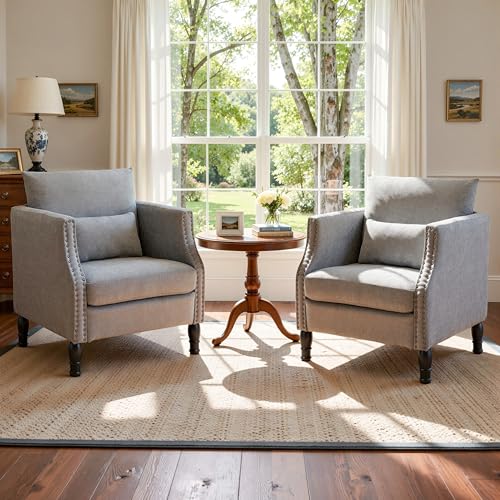 Grey Accent Chairs Set of 2, Upholstered Side Armchairs for Small Spaces | Linen Material, Removable Lumbar Pillows, Comfortable Cushion Support, Suitable for Living Room, Apartment, Waiting Room - color: Grey, size: Set of 2