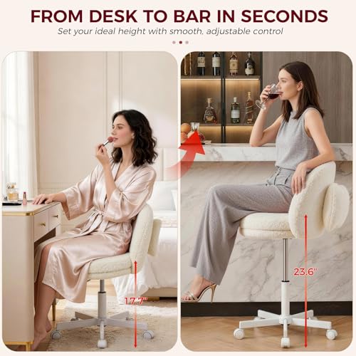 GTPLAYER Velvet Tall Office Chair with Wheels Vanity Chairs with Back, Versatile Height Use: Office to Bar Stools Small Ergonomic Comfy Armlees Computer Desk Chair with Bow Lumbar Pillow for Gift - color: Tv-cream