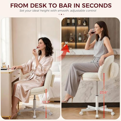 GTPLAYER Velvet Tall Office Chair with Wheels Vanity Chairs with Back, Versatile Height Use: Office to Bar Stools Small Ergonomic Comfy Armlees Computer Desk Chair with Bow Lumbar Pillow for Gift - color: Tv-cream
