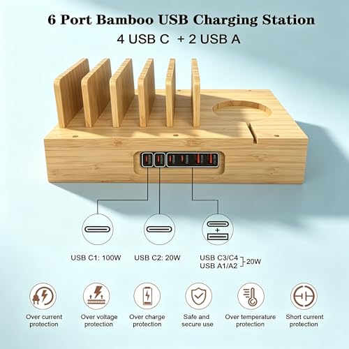 6 Port USB Charging Station for Multiple Devices 200W USB C Laptop Charger for MacBook Tablet 15W 3-in-1 Wireless Charger for iPhone/Apple Watch/AirPods Bamboo Charging Station Organzier