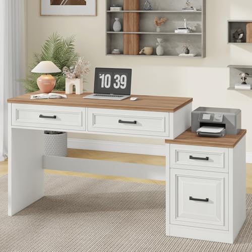 Vabches 61" Farmhouse Computer Desk with Storage and File Drawer | Executive Desks with Printer Stand, Rustic Large Home Writing Desk for Home Office - color: Unique White