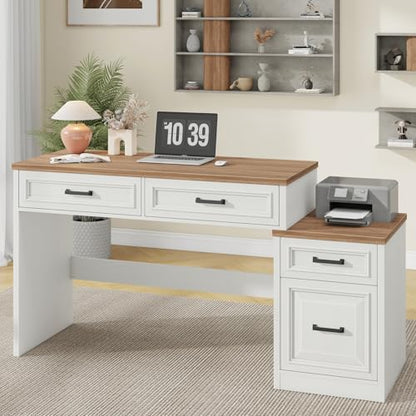 Vabches 61" Farmhouse Computer Desk with Storage and File Drawer | Executive Desks with Printer Stand, Rustic Large Home Writing Desk for Home Office - color: Unique White