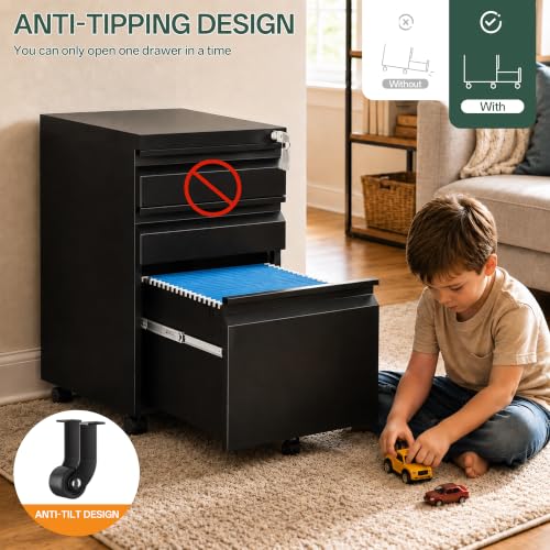 3 Drawer Mobile File Cabinet with Lock, Fully Assembled - color: Black