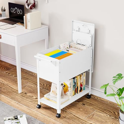 Rolling File Cart with Wheels Hanging Files,Rolling File Cabinet Organizer,Rolling Hanging File Folder Cart on Wheels,Metal Filing Cart,Fit A4/F4/Letter/Legal File for Home Office (White) - color: White