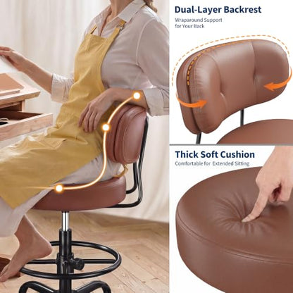 Homkdom Drafting Chair 17.32" Wide Seat & 3.94" Thick Cushion | Height-Adjustable Office Chair with Footrest Ring for Standing Desk, Auto-Lock Gravity Casters - PU Leather Brown - color: Brown