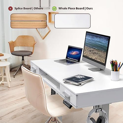 SHW 48-Inch Electric Height Adjustable Desk w/Keyboard Tray, White | w/ 2 Drawers | Memory Presets and Cable Management | Hanging Hooks - color: White