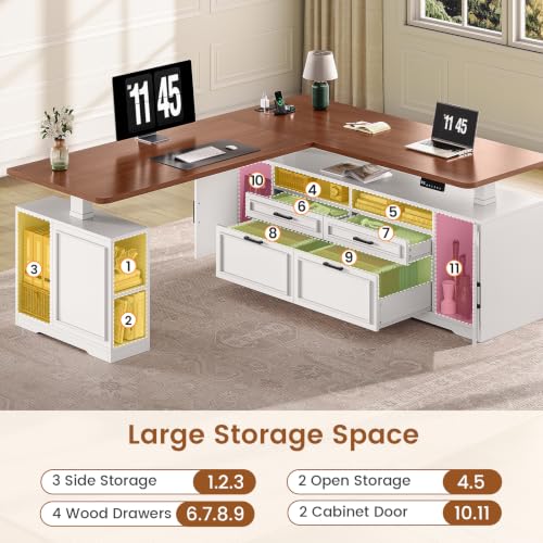 SEDETA Farmhouse L Shaped Electric Standing Desk, 69" x 55" Height Adjustable Office Executive Desk with 4 Drawers and Storage Shelves, Sit Stand Computer Desk with Power Outlet, White and Brown - color: White and Brown