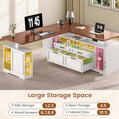 SEDETA Farmhouse L Shaped Electric Standing Desk, 69" x 55" Height Adjustable Office Executive Desk with 4 Drawers and Storage Shelves, Sit Stand Computer Desk with Power Outlet, White and Brown - color: White and Brown