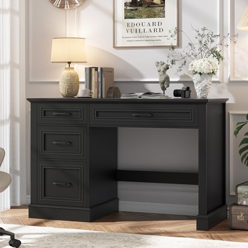 Farmhouse 47" Executive Desk with 3 Drawers and Adjustable File Drawer, Workspace for Home Office and Study, Pure Black. - color: Pure Black, size: Without Charging Station