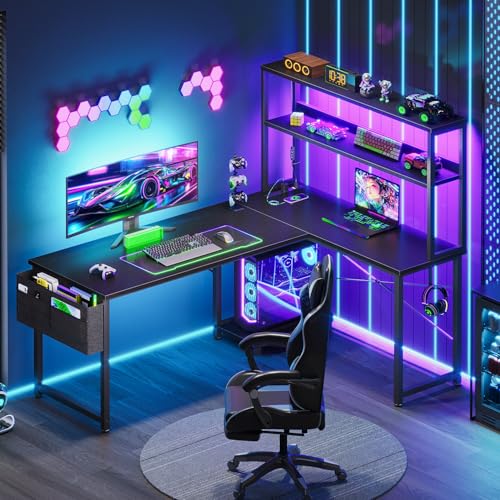 AODK L Shaped Desk Gaming Desk with LED Light & Power Outlet - color: Black, size: 53 Inch