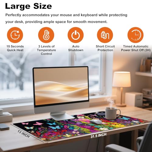 Heated Desk Pad 31.5" x 13" 3 Large Heated Mouse Pad with Heat Levels (40°C/45°C/50°C) & 3H Auto Shut-Off Desk Mat Fast Heating PU Leather Warmer Mousepad for Home Office - Floral Flower - color: Floral Flower, size: 31.5 x 13 inch