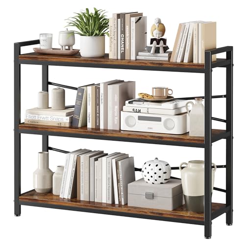 3 Tier Bookshelf 39.37" Width, Long Industrial Bookcase, Vintage Farmhouse Modern Wooden Big Book Shelf for Home Living Room Bedroom Office Storage(Rustic Brown) - color: Rustic, size: 3 Tier - 39.3" W
